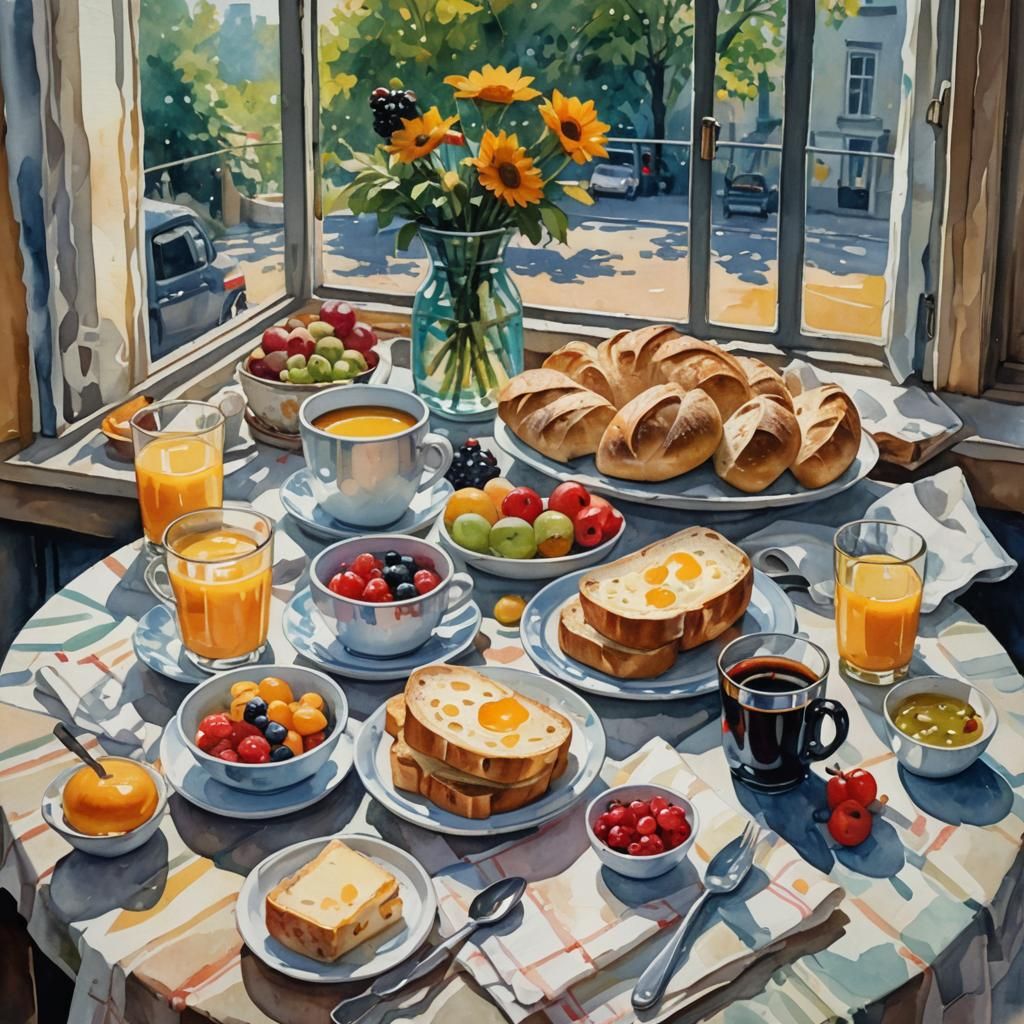 Breakfast Still Life in Gouache Watercolor Style