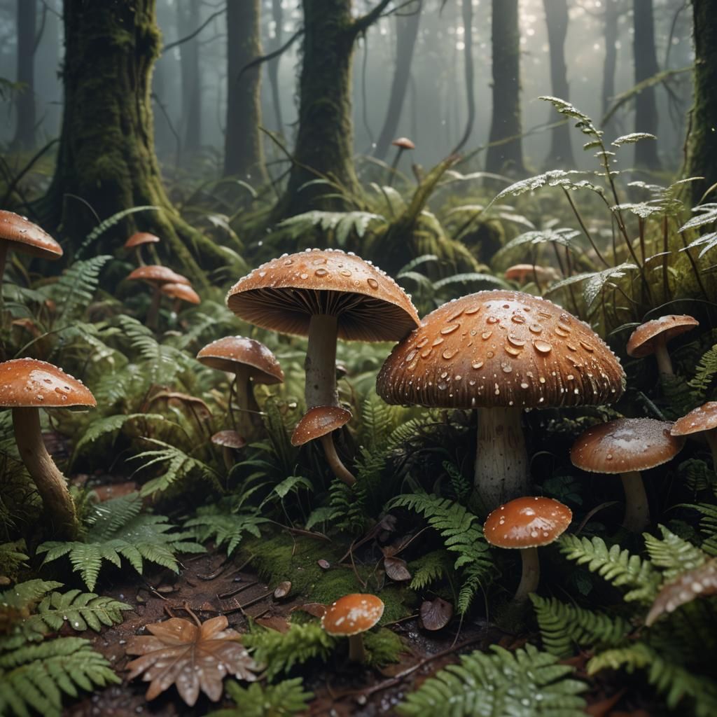 Mushroom Dew Drops in Misty Forest: Digital Painting