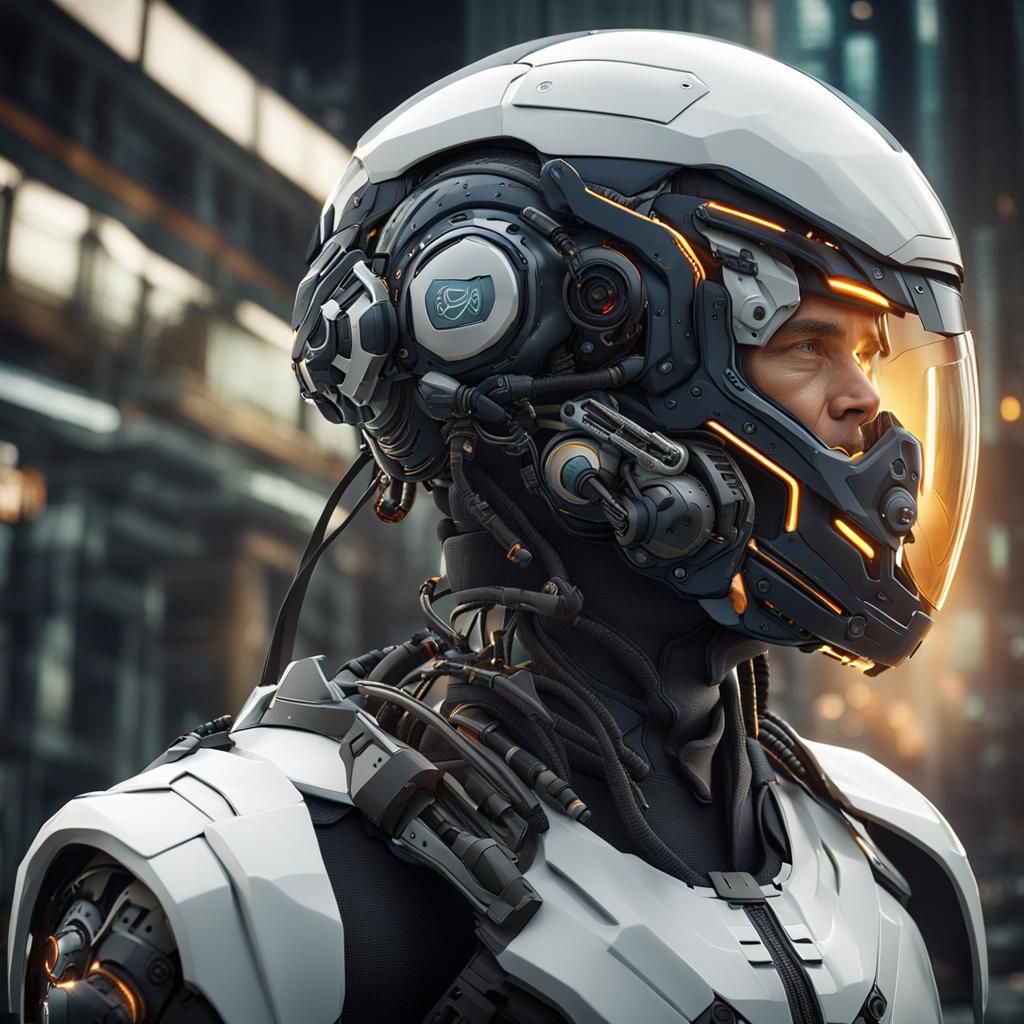 Futuristic Helmet Integrated into Bio-Mechanical Exosuit
