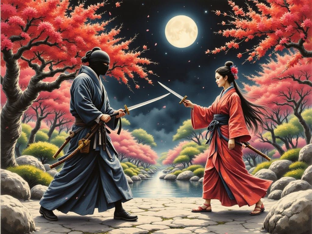 Ninja Duel in Japanese Ink Brush Style