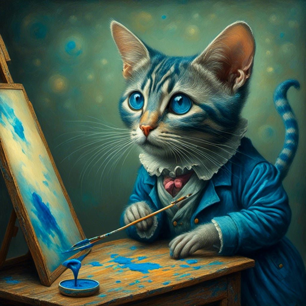 Mouse Artist Paints Blue Cat in Surreal Style