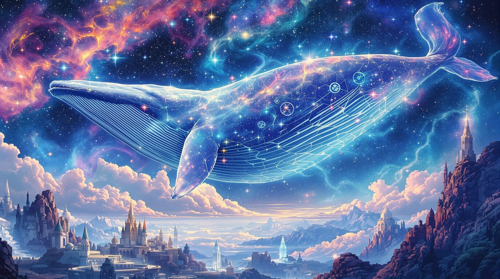 Celestial Sky-Whale Drifting Through Nebula in Parrish Style