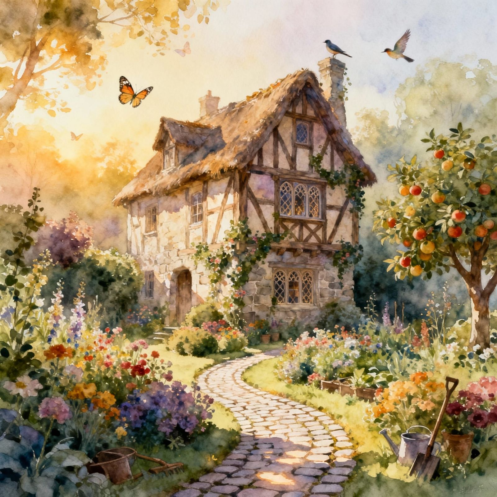 Medieval House in Vibrant Garden Watercolor Painting