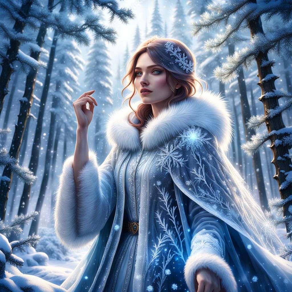 Snow Queen in Crystalline Winter Forest