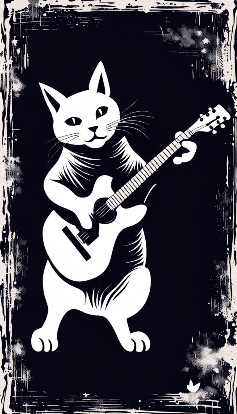 Grunge Style White Cat Playing Guitar Illustration