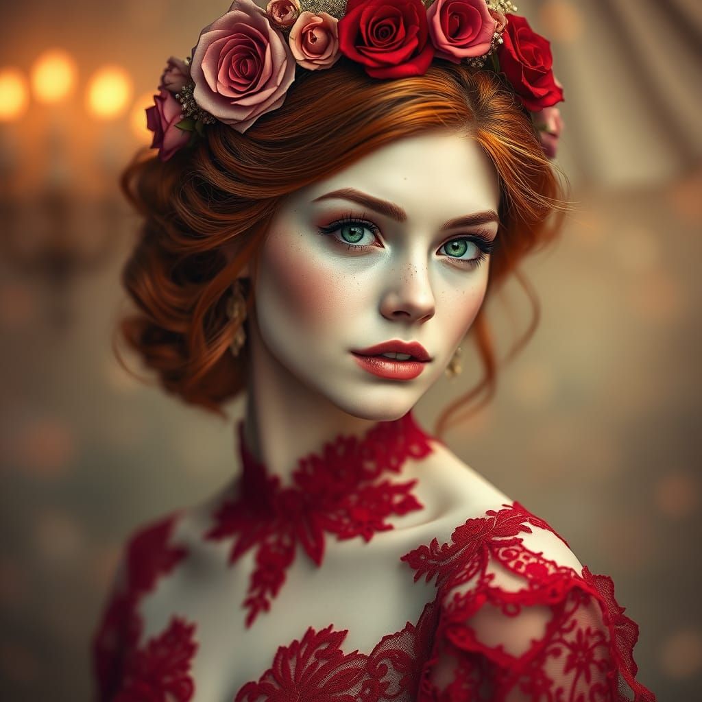 Ethereal Pre-Raphaelite Beauty in Red Gown and Rose Crown