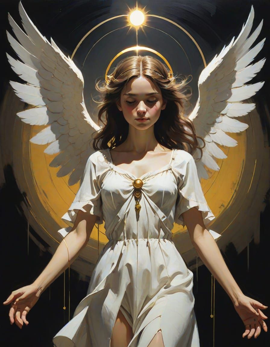 Angel with Sun Halo in Moody Religious Icon Style