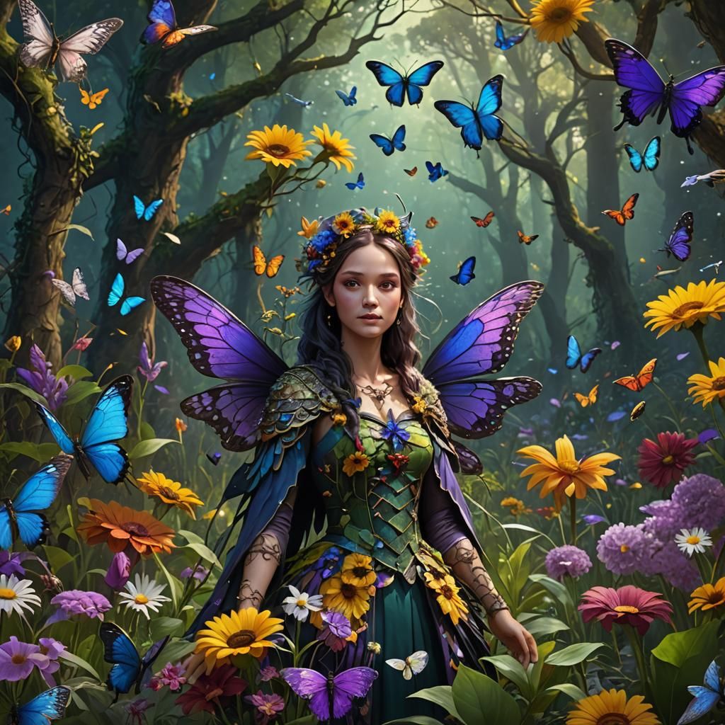 Fairy in Forest with Butterflies and Flowers