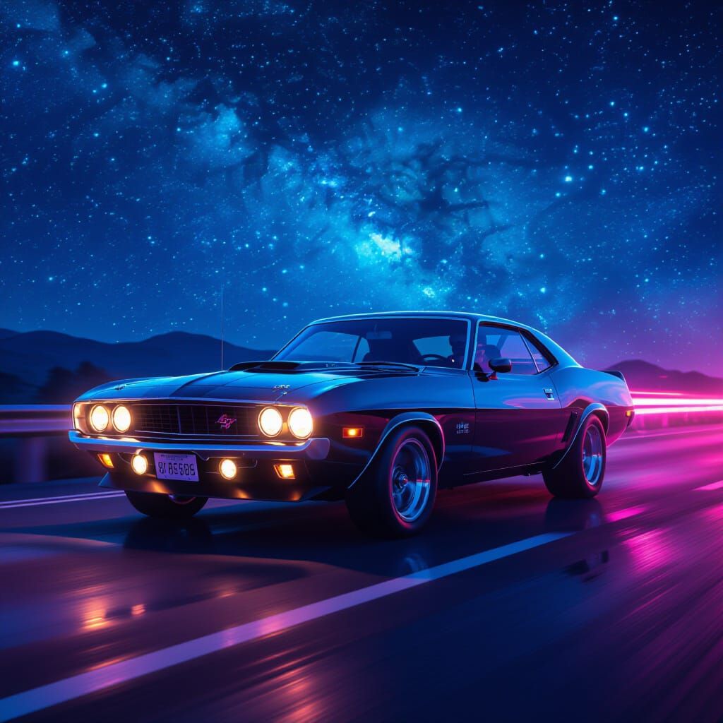 Vintage Muscle Car Speeds Under Starry Night Sky