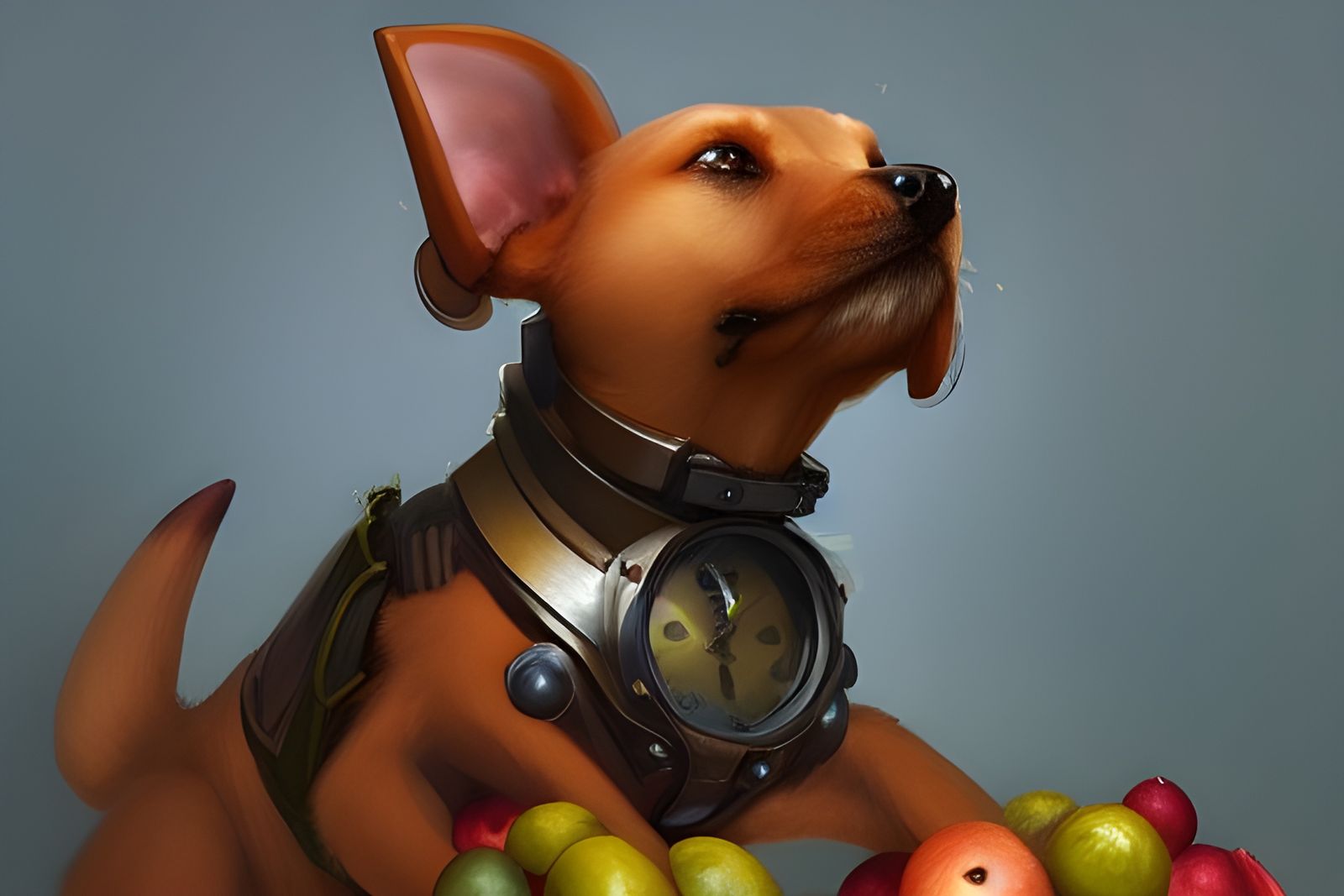 Steampunk Dog Portrait with Fruit Still Life
