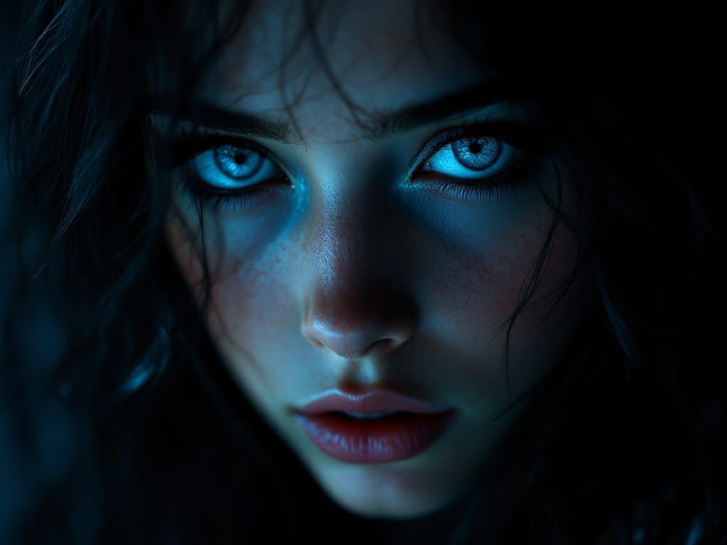 Dramatic Close-Up Portrait of Girl with Blue Eyes