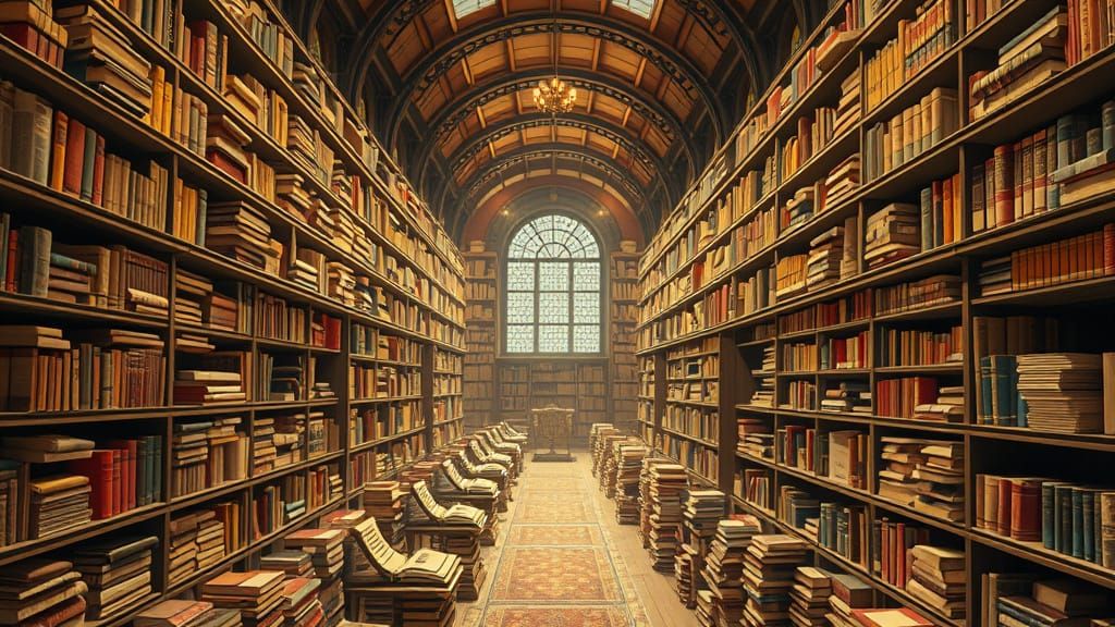 Surreal Library of Human Knowledge in Vibrant Origami Style