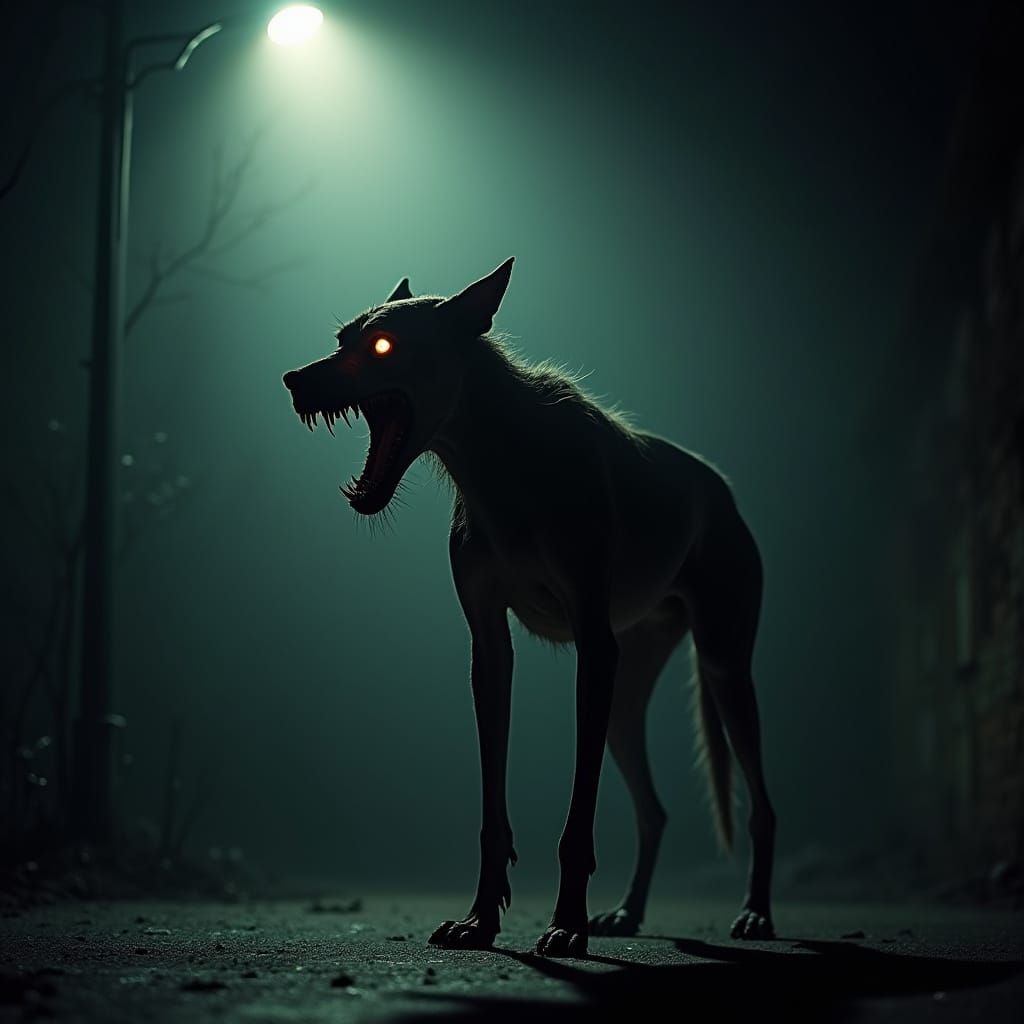 Undead Canine Horror Figure Under Street Lamp