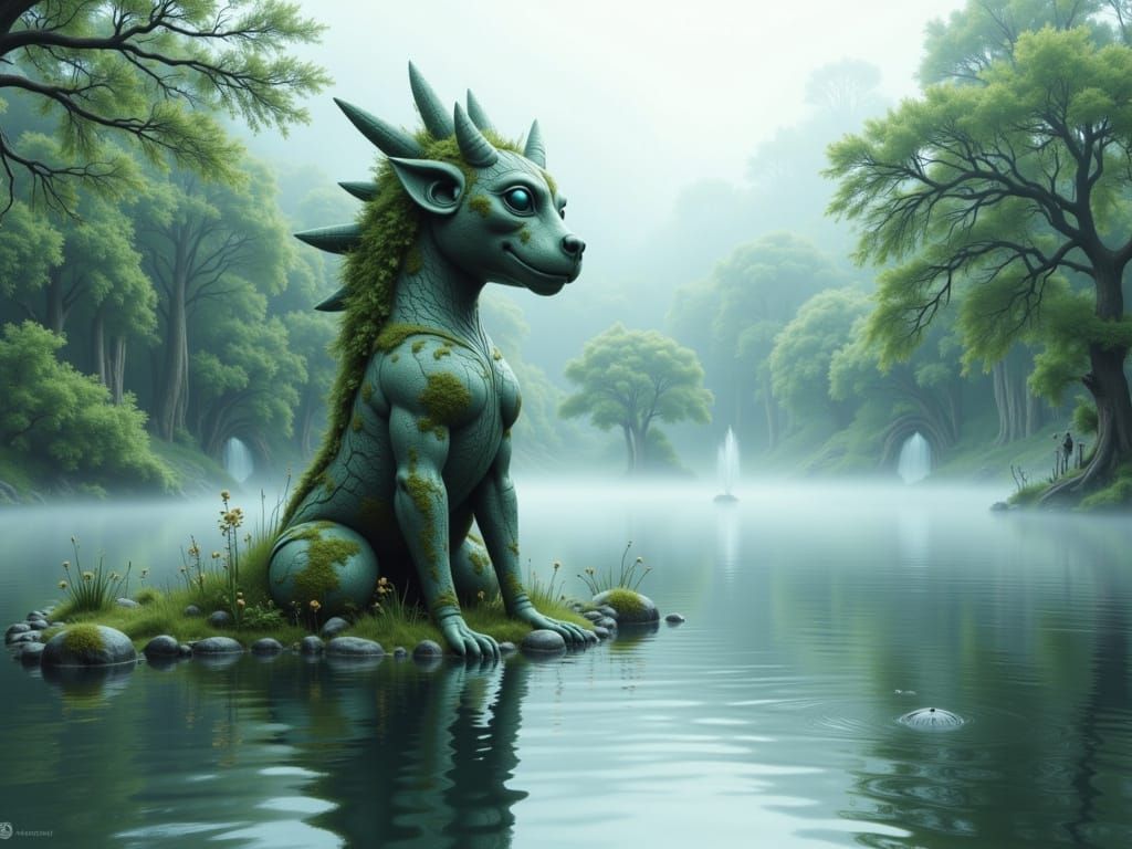 An ancient, moss-covered Jade lake statue