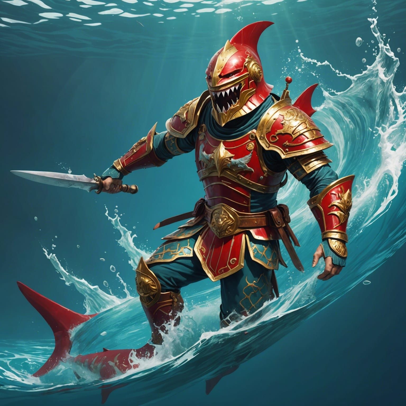 Shark in Roman Armor Amidst Disaster