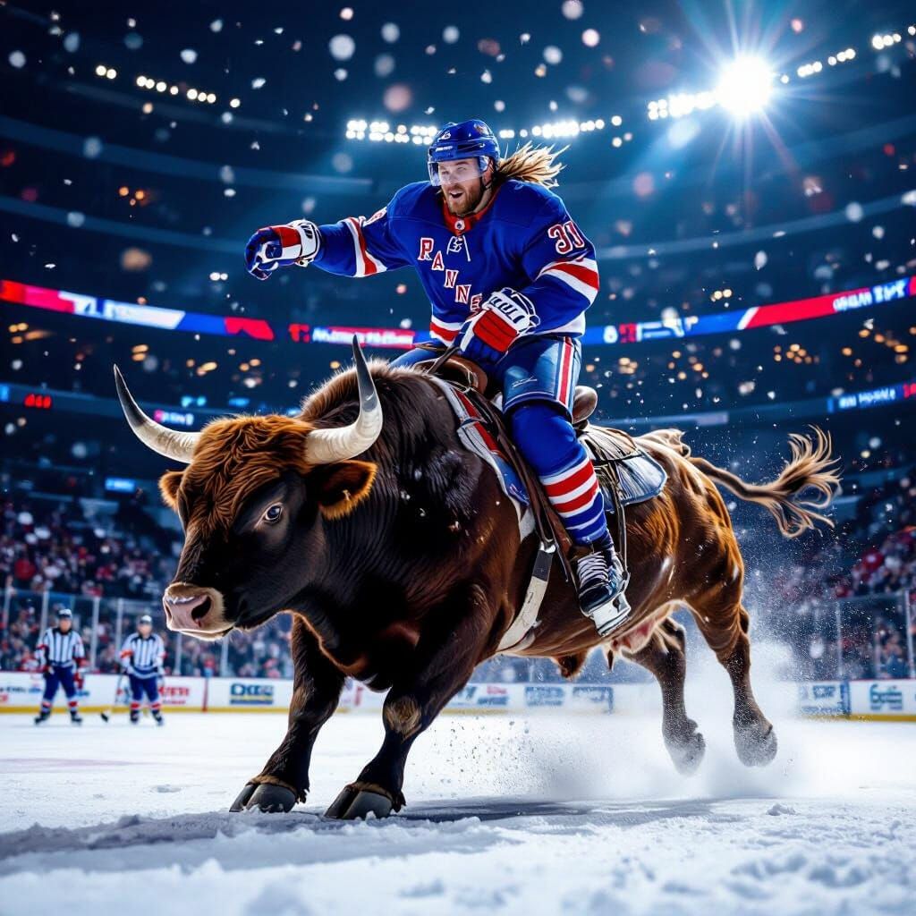 Rangers Fan on Bull Chasing Canadiens Logo on Ice