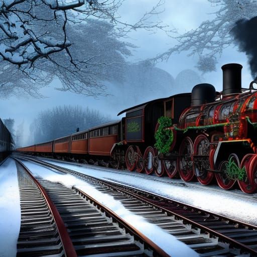 Snowy Winter Steam Train on Bridge