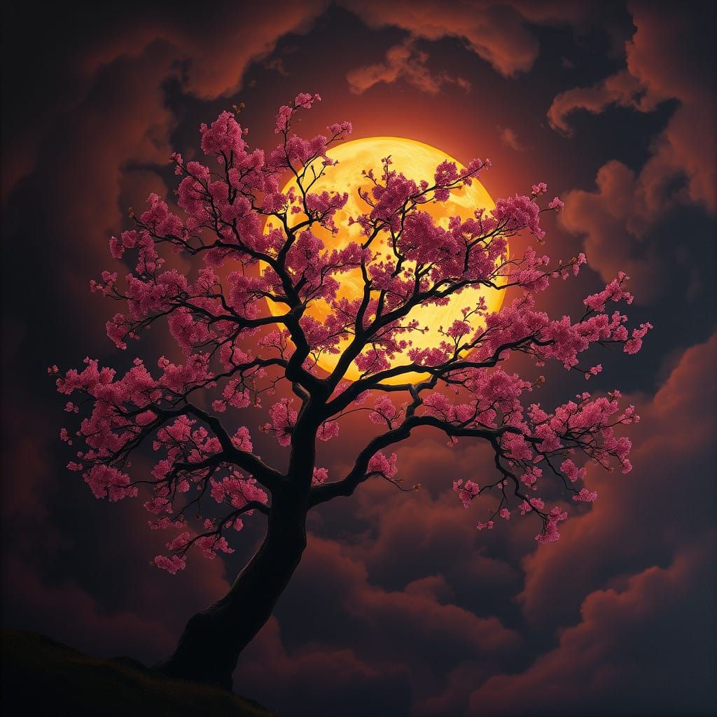 Majestic Cherry Tree Under Full Moon