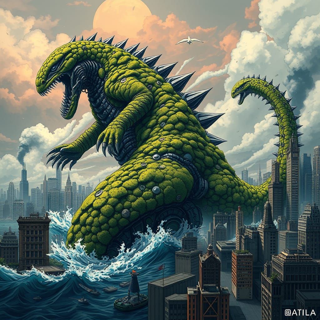 Cyberpunk Kaiju Emerges from Ocean Depths