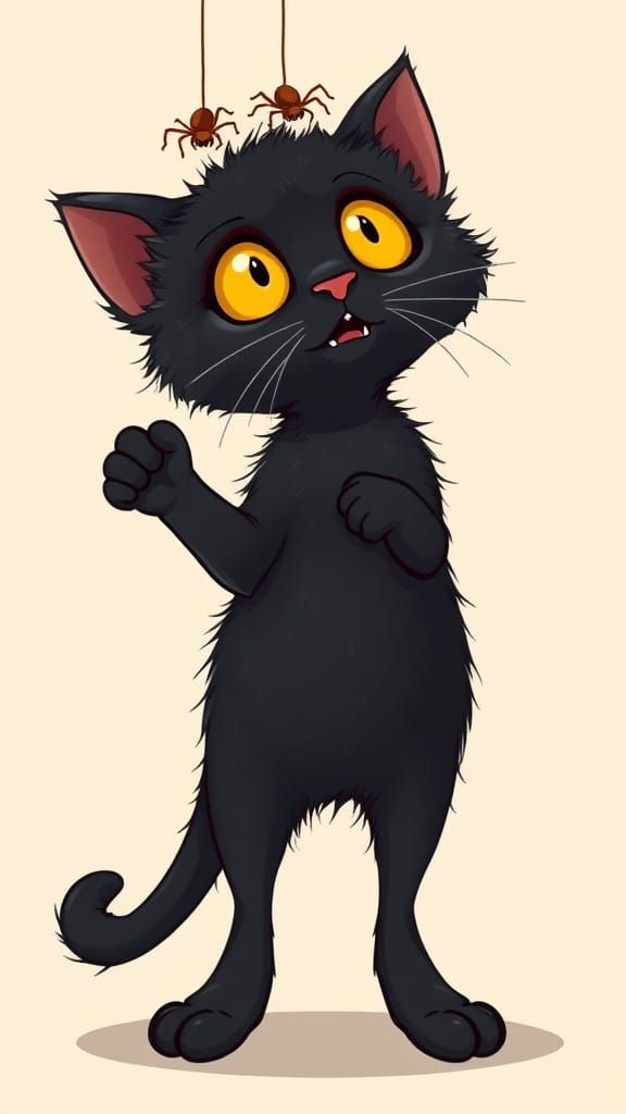 Whimsical Black Kitten in Comical Pose with Spider