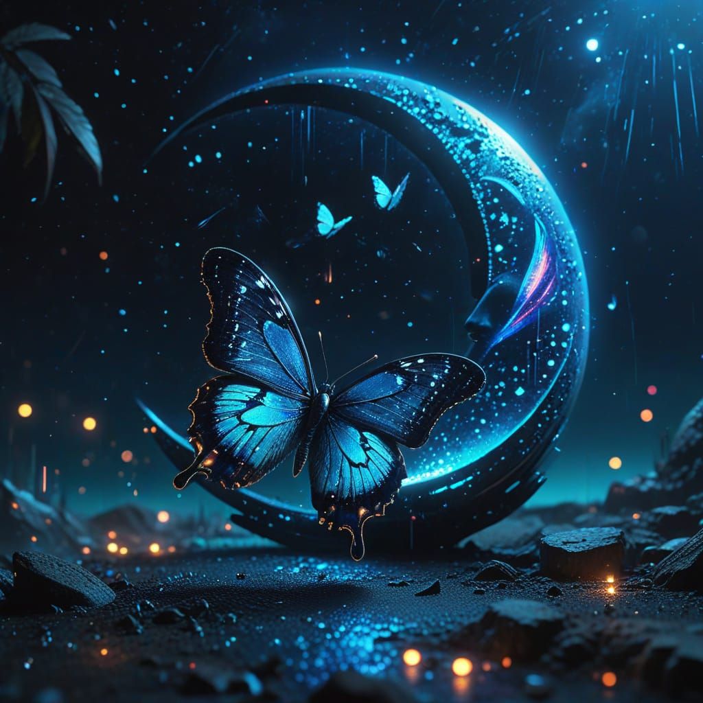 Cyberpunk Moon with Glitter Butterflies in Neon Sky