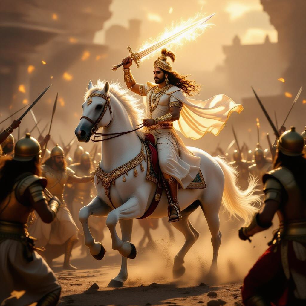 Divine Kalki on White Horse, Smashing Evil with Glowing Swor...