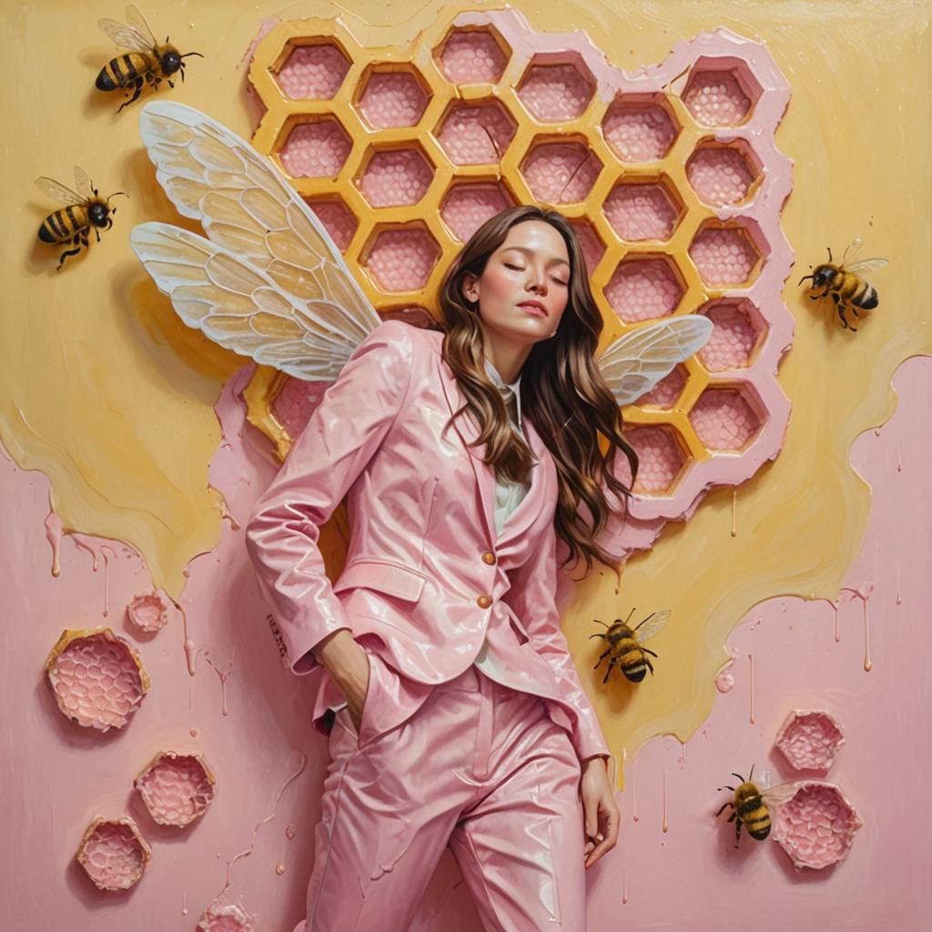 Woman with Bee Wings in Honeycomb Dreamscape