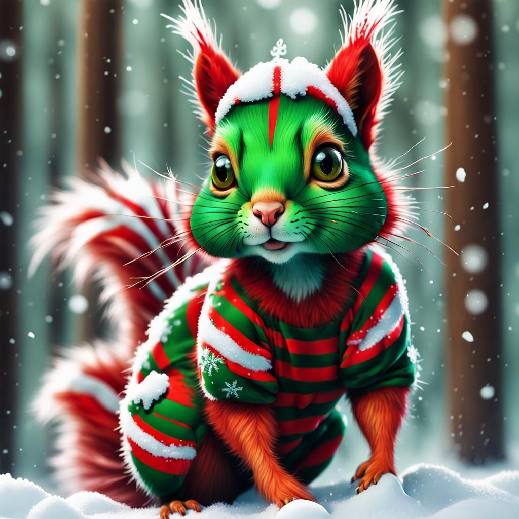 Festive Squirrel-Kitten in a Winter Scene