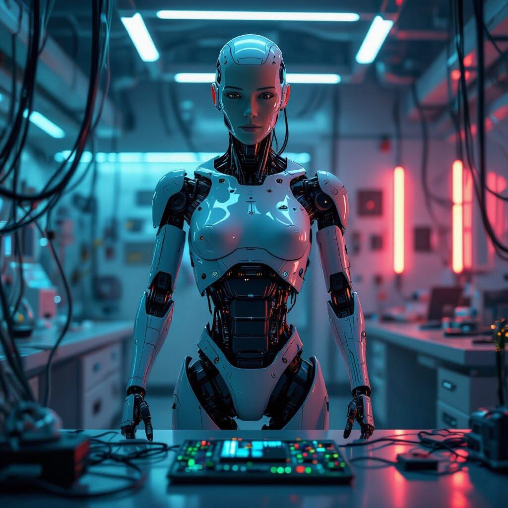 Android in Futuristic Lab, Syd Mead Style