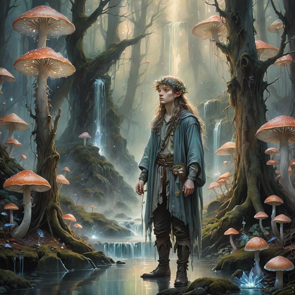 Fairy Boy in Mystical Forest with Waterfall