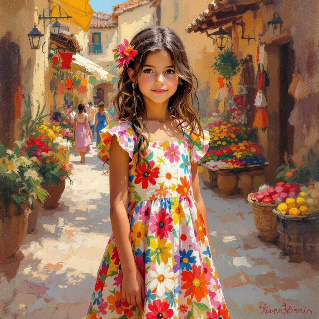 Spanish Girl in Marketplace as a Zuloaga-style Painting