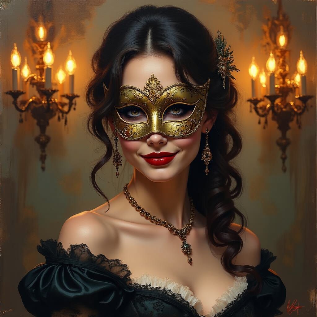 Mysterious Woman at Masquerade Ball in Cinematic Style