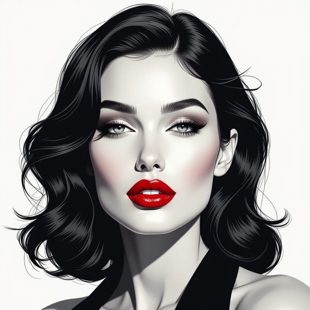 Black and White Sketch of Confident Woman with Red Lips
