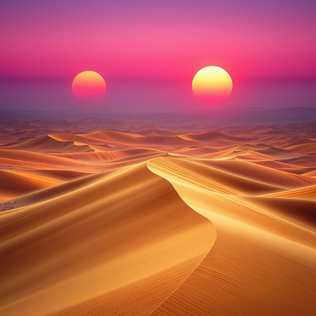 Surreal Desert Landscape with Twin Suns and Striped Dunes