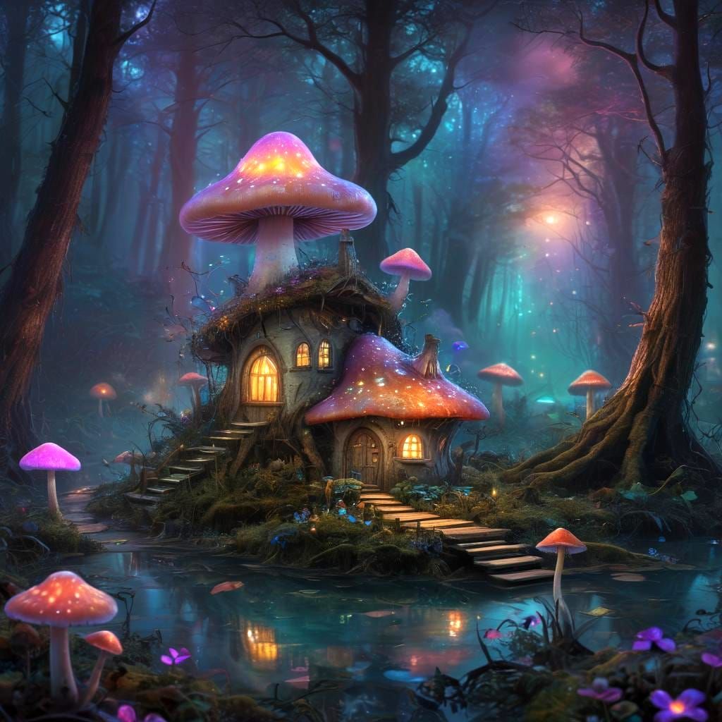 Enchanted Fairy Mushroom House in Bioluminescent Swamp
