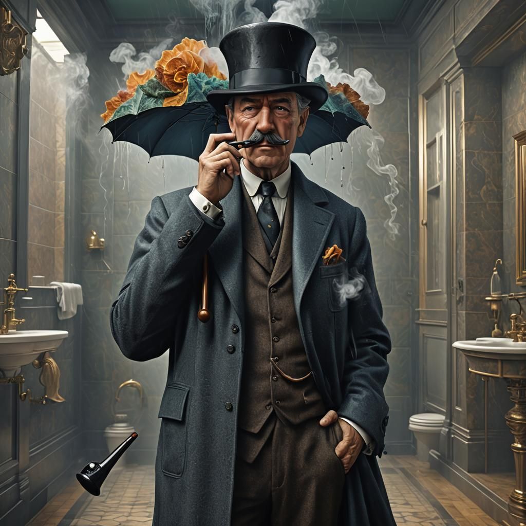 Magritte-Style Bowler Hat Man Smoking in Shower