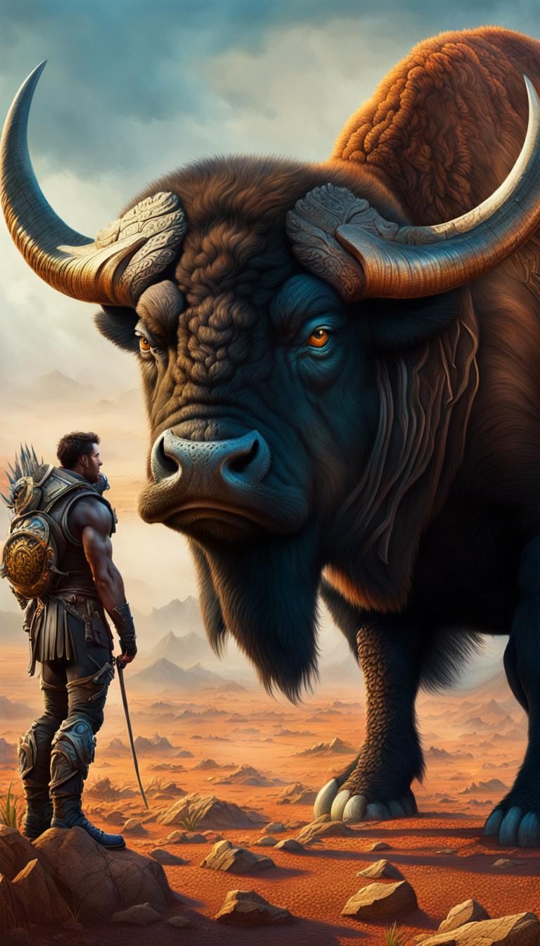 Buffalo and Frog Stare-Down in Desert Landscape