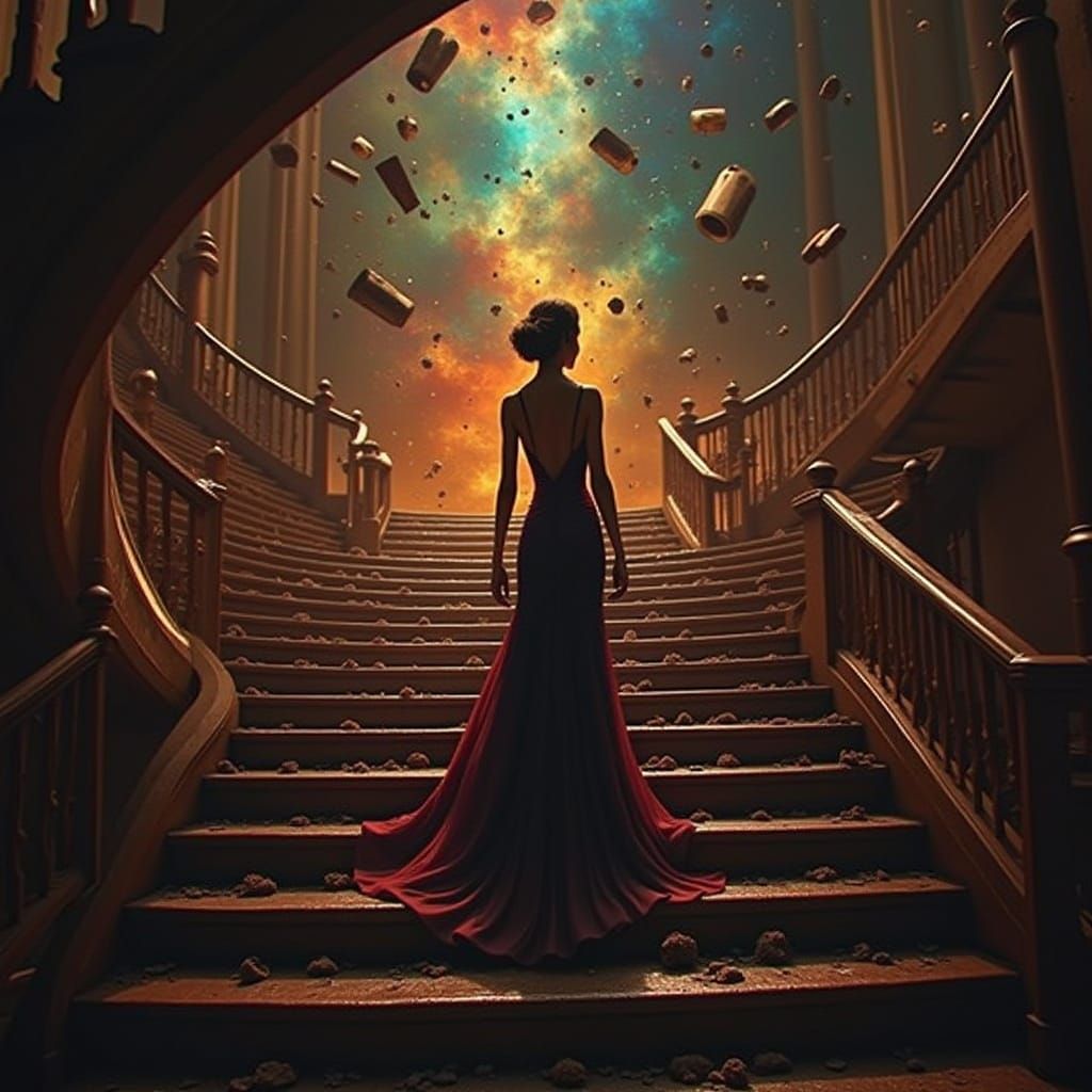 Elegant Woman on Staircase in Hyperrealistic Style