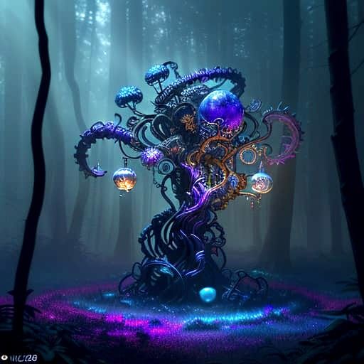 Glowing Orb Amidst Ancient Trees in Vibrant, Dark Forest