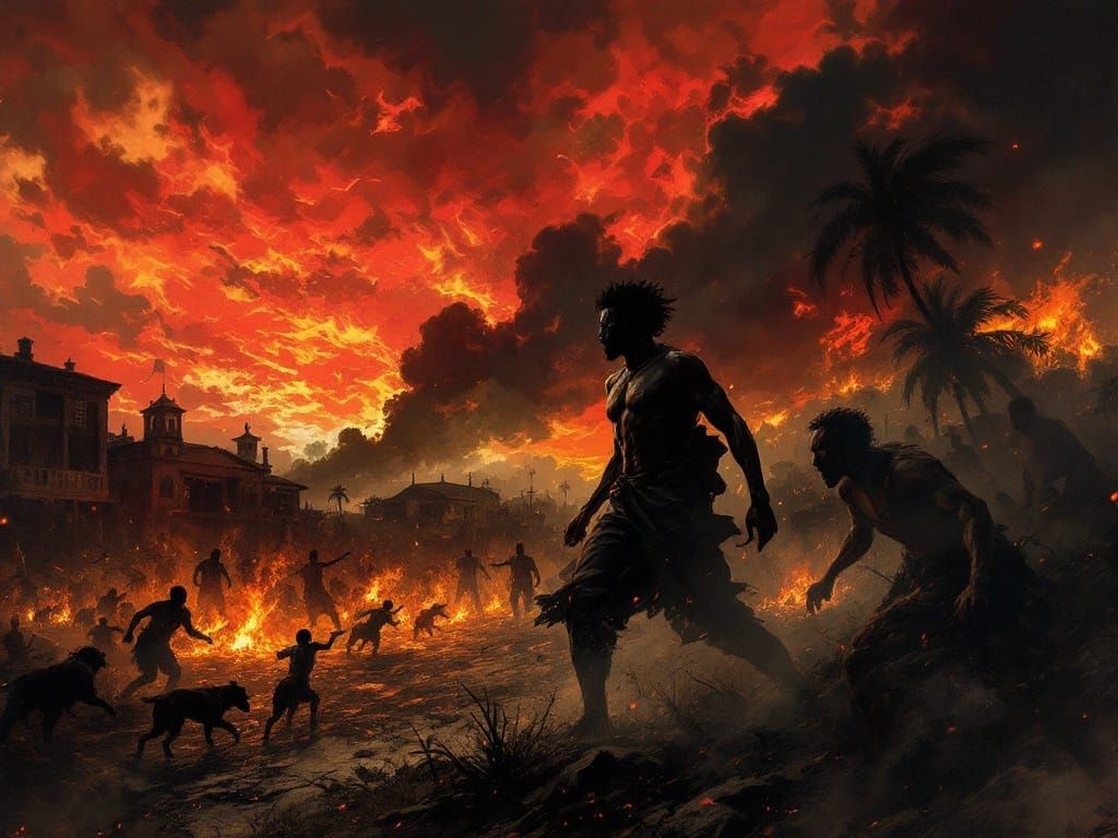 Dramatic Struggle Amidst Colonial Ruins in a Fiery Red Sky
