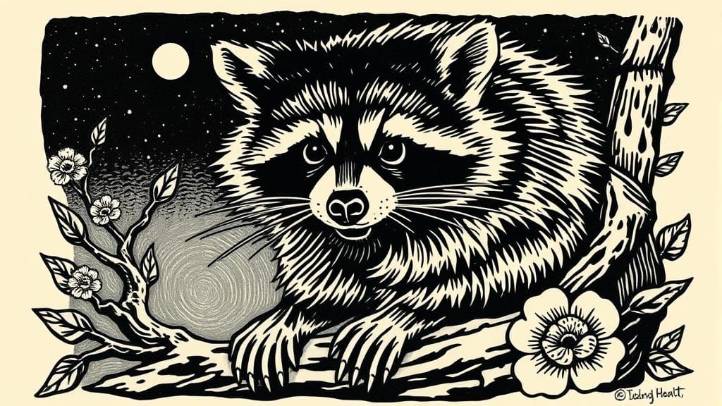 Vintage-Inspired Night Raccoon Tattoo Art