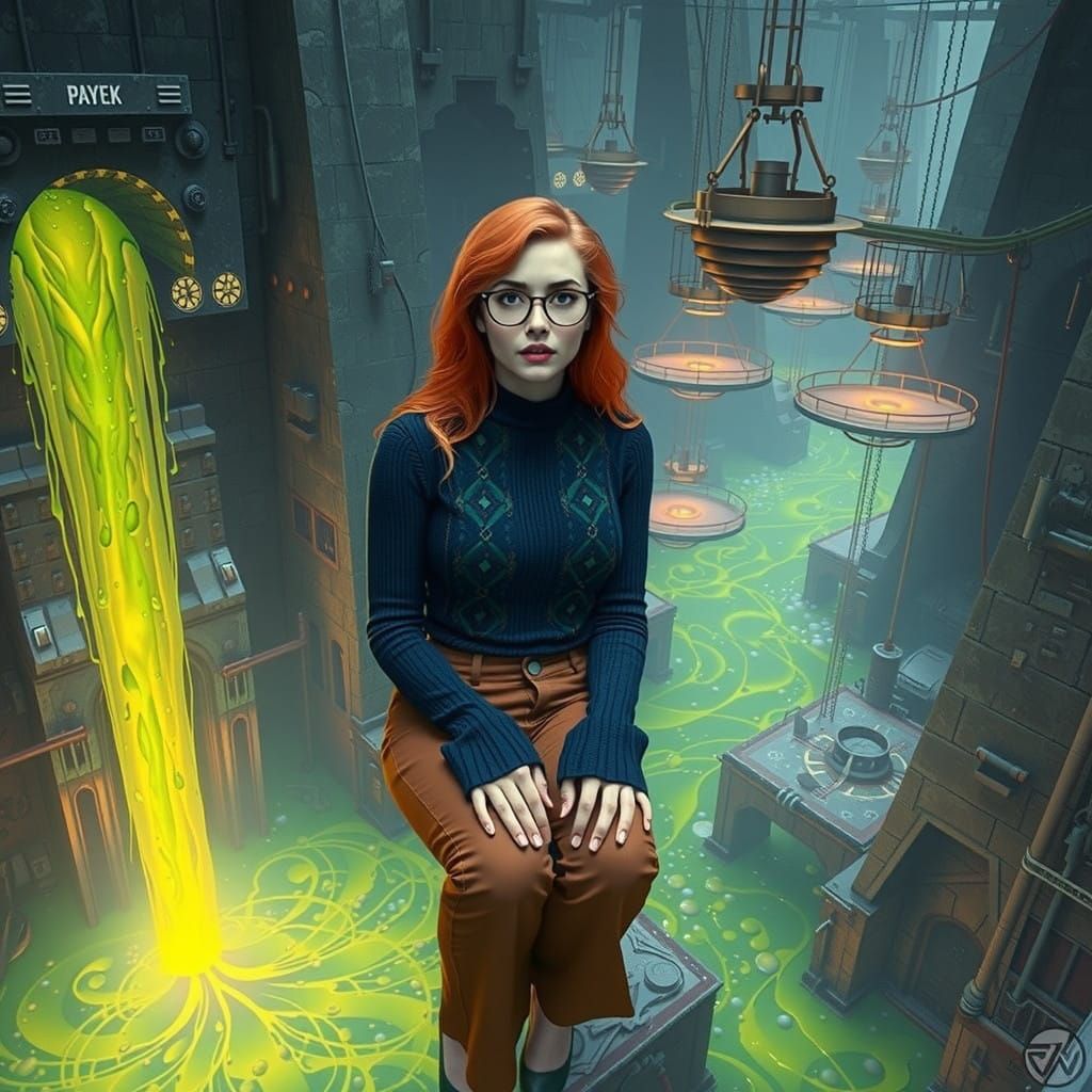 Dark Fantasy Woman on a Floating Platform Suspended Above a...