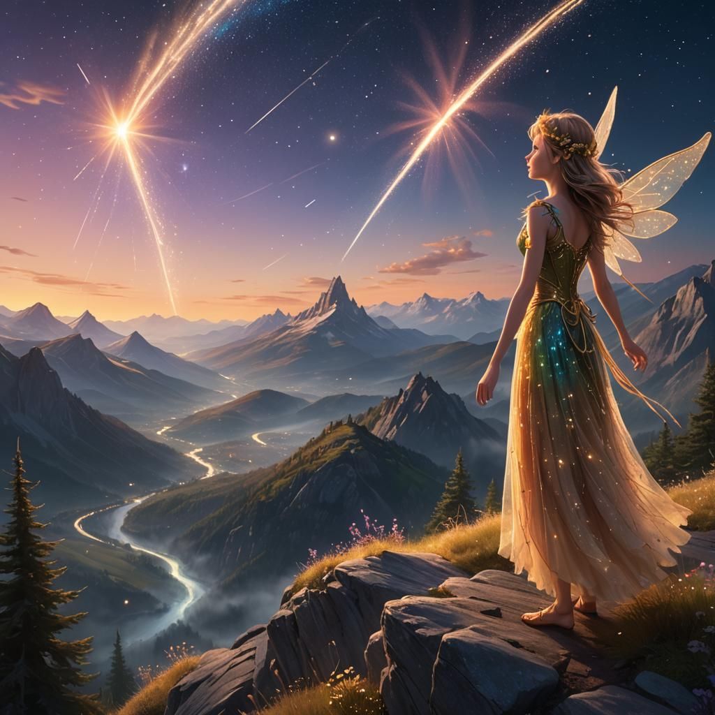 Fairy on Mountain Top Watching Comet, Magical Realism