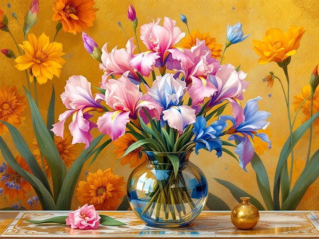 Irises in Glass Vase, Pre-Raphaelite Style