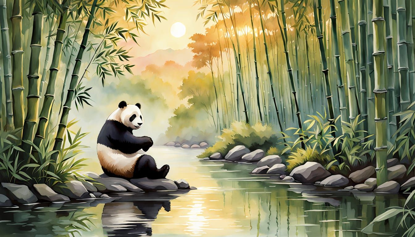 Panda in Bamboo Forest Watercolor Painting