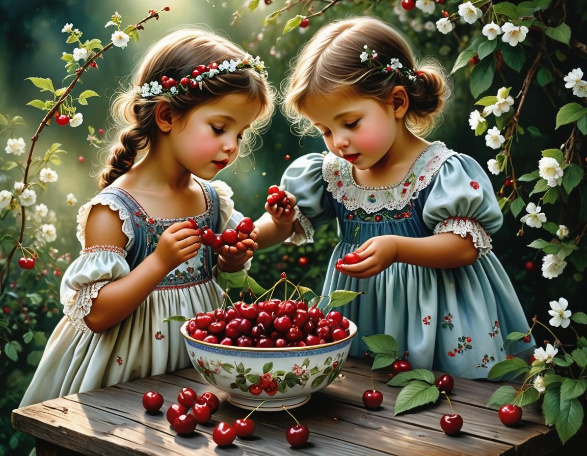 Children Eating Cherries in Garden, Fine Art Photography