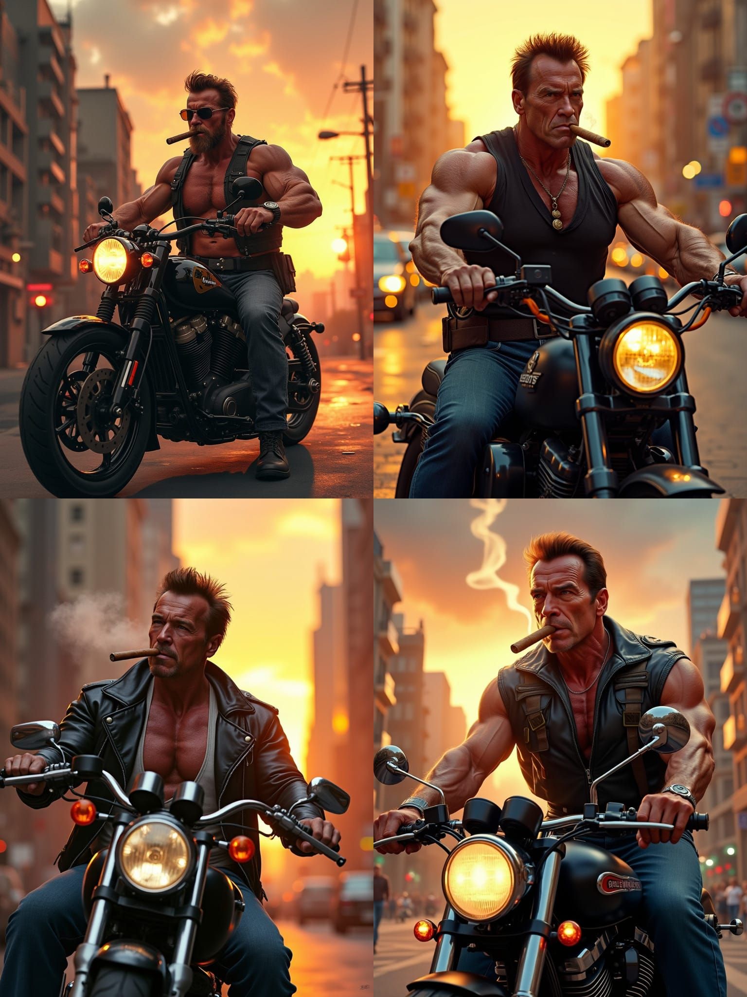 Arnold Schwarzenegger Caricature on Motorbike in City