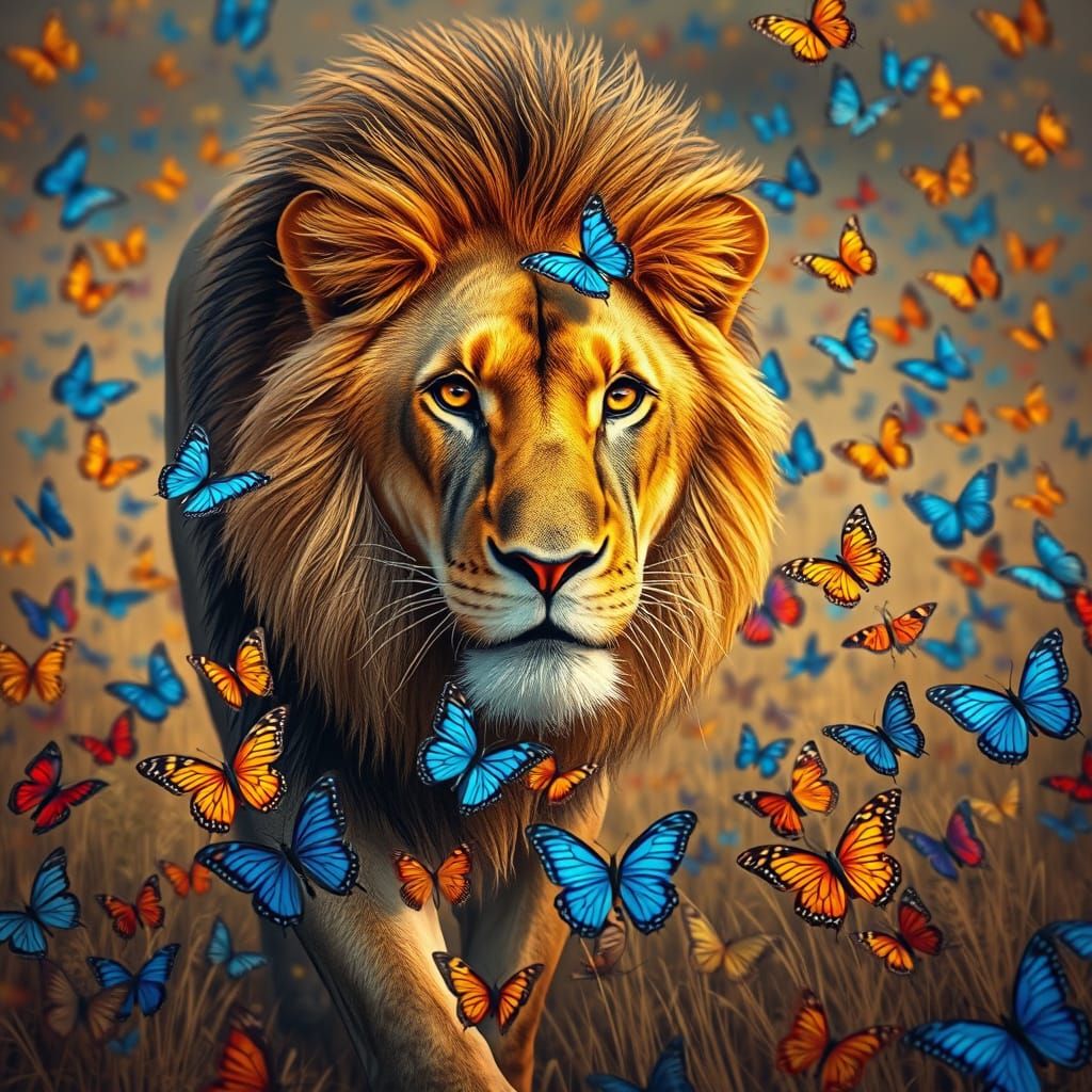Majestic Lion in Savannah with Butterflies
