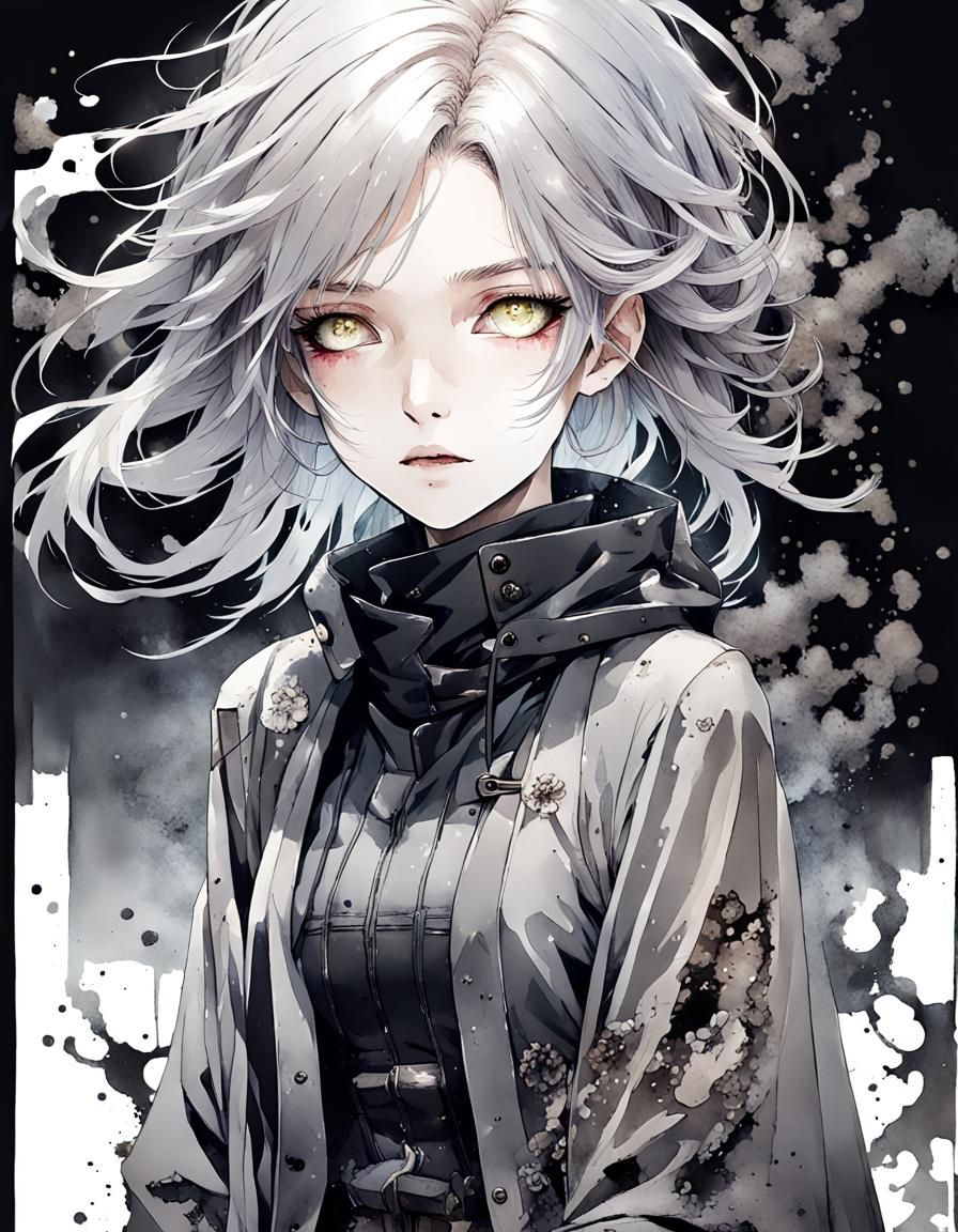 Anime Necromancer Girl Turns to Dust, Ink and Watercolour