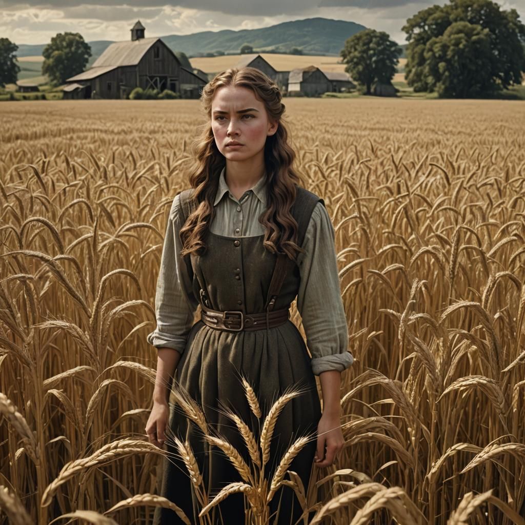 1940s Farm Girl in Wheat Field: Digital Painting